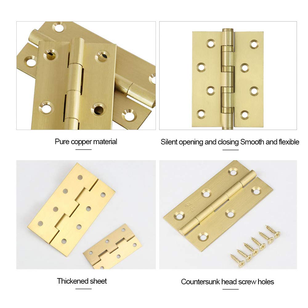 YOFASEN Copper Small Hinges Door Hinges - Brass Folding Butt Hinges Furniture Cabinet Butt Hinges with Hinge Fixing Screws, Gold, 2 Inch(50x27x1.2mm) - 4pcs