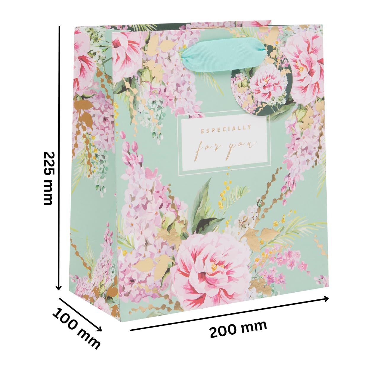 Glick Luxury Gift Bag, Mint Green and Pink Floral Medium Celebration Wedding Birthday Stephanie Dyment Wrap Multi-Colour, 200w x 225h x 100d mm