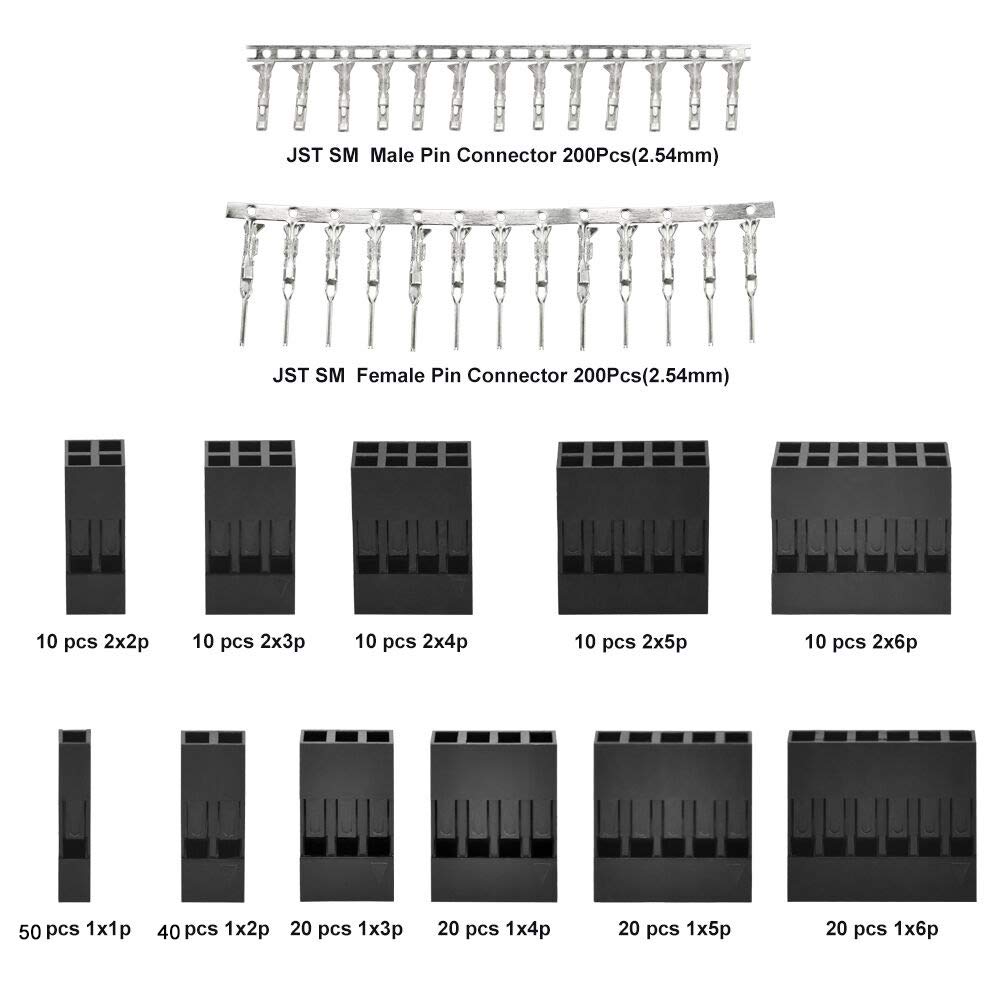 PERFETSELL 620 PCS Dupont Connector Kit 2.54mm Pitch JST SM 1 2 3 4 5 6 Pin Crimp Housing Connector with Dupont Wire/Cable Connectors Dupont Male Female Crimp Pins Adaptor Assortment Kit in Clear Box