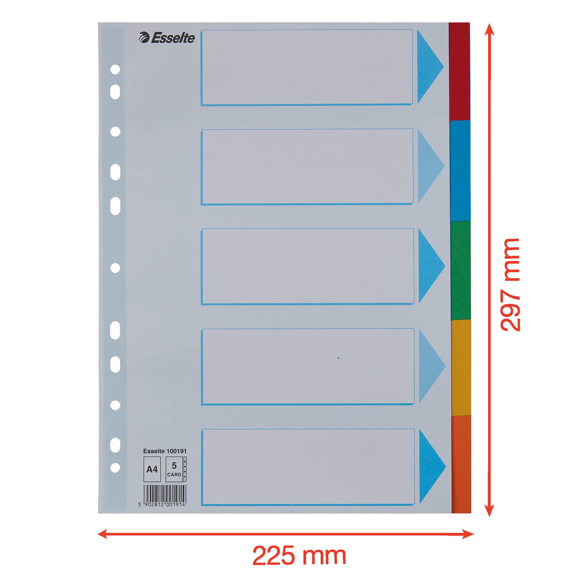 Esselte A4 Card File Dividers. 5 Parts Coloured Folder Dividers with identification front sheet, for Ring Binders and Lever Arch Files. Made from durable, recycled card