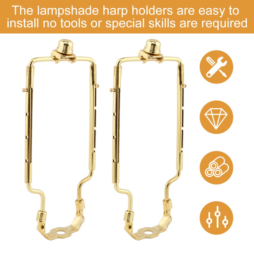 WANAONE 7 8 9 10 inch Lamp Shade Harp Holder, 2 Pack Adjustable Lamp Harp Kit Fit 3/8 IP Standard, Golden Horn Frame Lampshade Bracket, E14 E26 E27 Light Base Fitter Adapter(Gold)