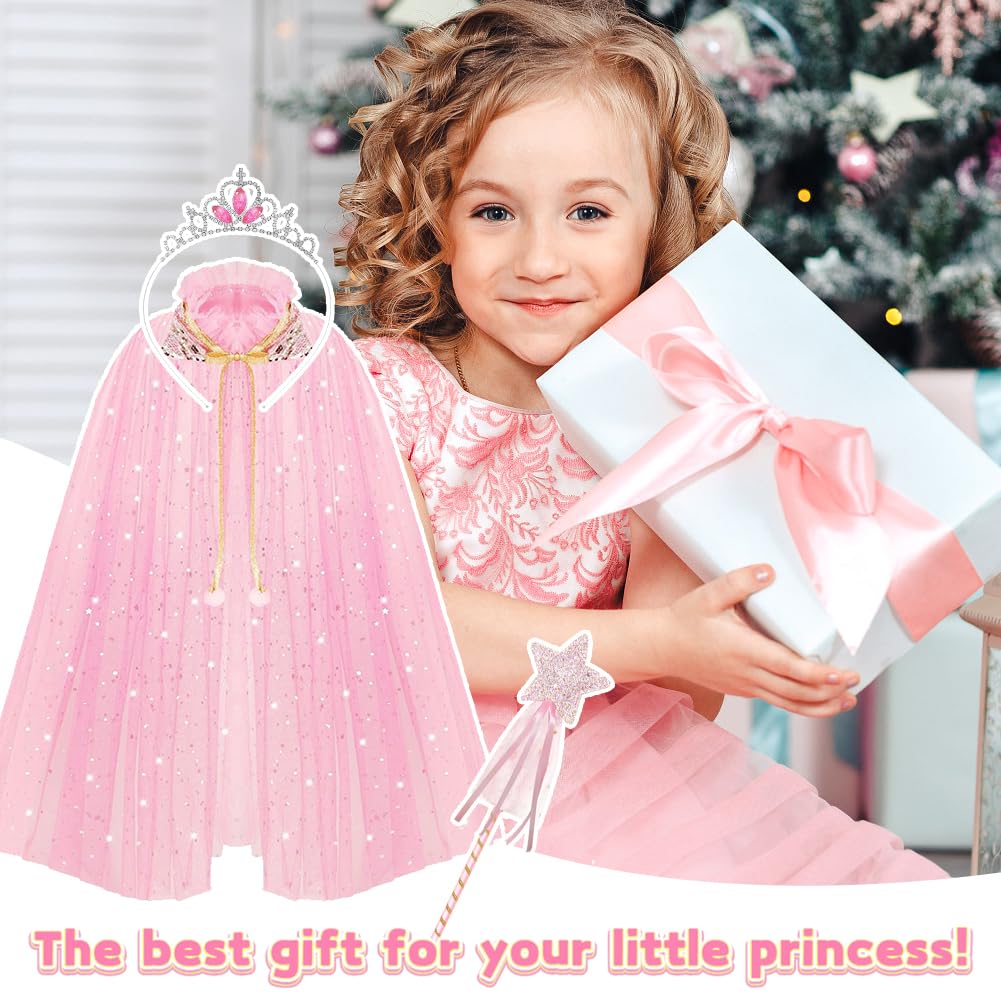 Princess Cape for Girls, Pink Princess Cloak Sparkling Sequins Tulle Princess Cape Princess Fancy Dress Halloween Costume with Fairy Wand Princess Tiara for 6-10 Years Old Girls