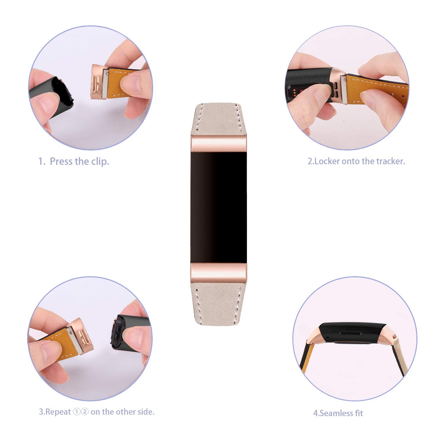 Mornex Strap Compatible Fitbit Charge 3 Strap/Charge 3 SE Leather Band, Classic Adjustable Replacement Wristband Fitness Accessories Metal Connectors,Rose Gold-Beige