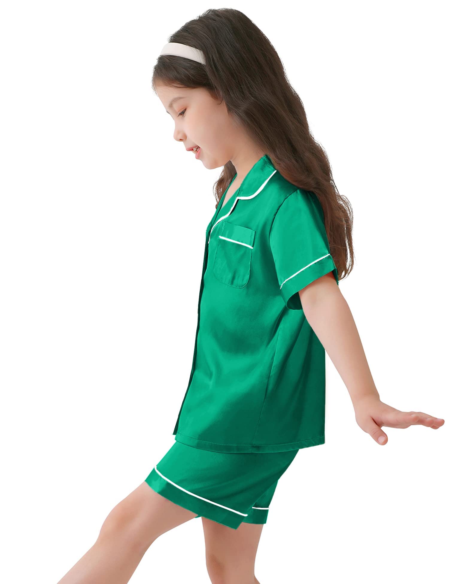 SWOMOG Girls Pyjamas Silk Satin PJs for Kids Boys Short Sleeve Sleepwear Silky Pyjama Sets for Teenage Children Emerald Green