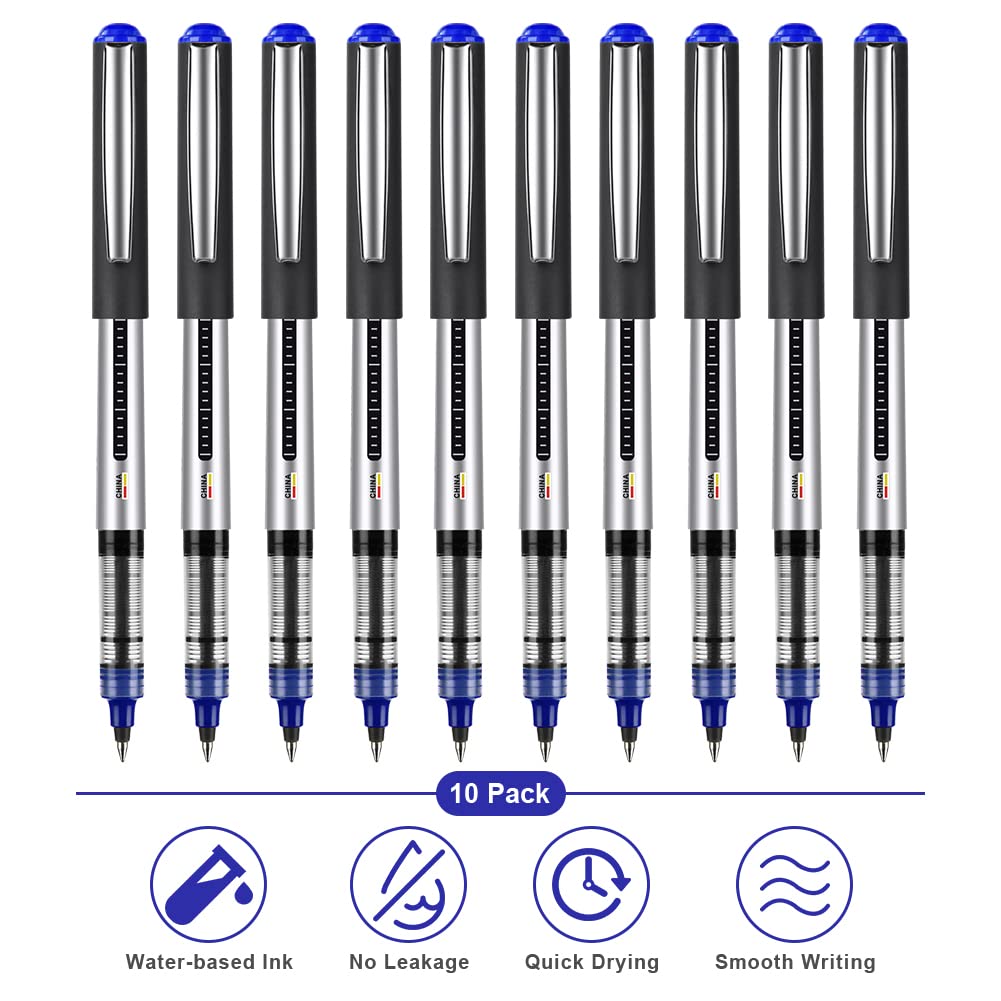 OFFCUP Liquid Ink Rollerball Pen, 10pcs Gel Pens, 0.5mm Quick-Drying Ballpoint Pens Rollerball Pens Writing Pens for Bullet Journal, Notebook. School & Office Accessories for Students Adults (Blue)