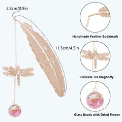 Metal Feather Bookmark with Gift Box, Vintage Book Mark with 3D Dragonfly and Dried Flower Glass Bead Pendant, Mother's Day Gifts for Book Lovers Women, Teachers, Kids (Pink)