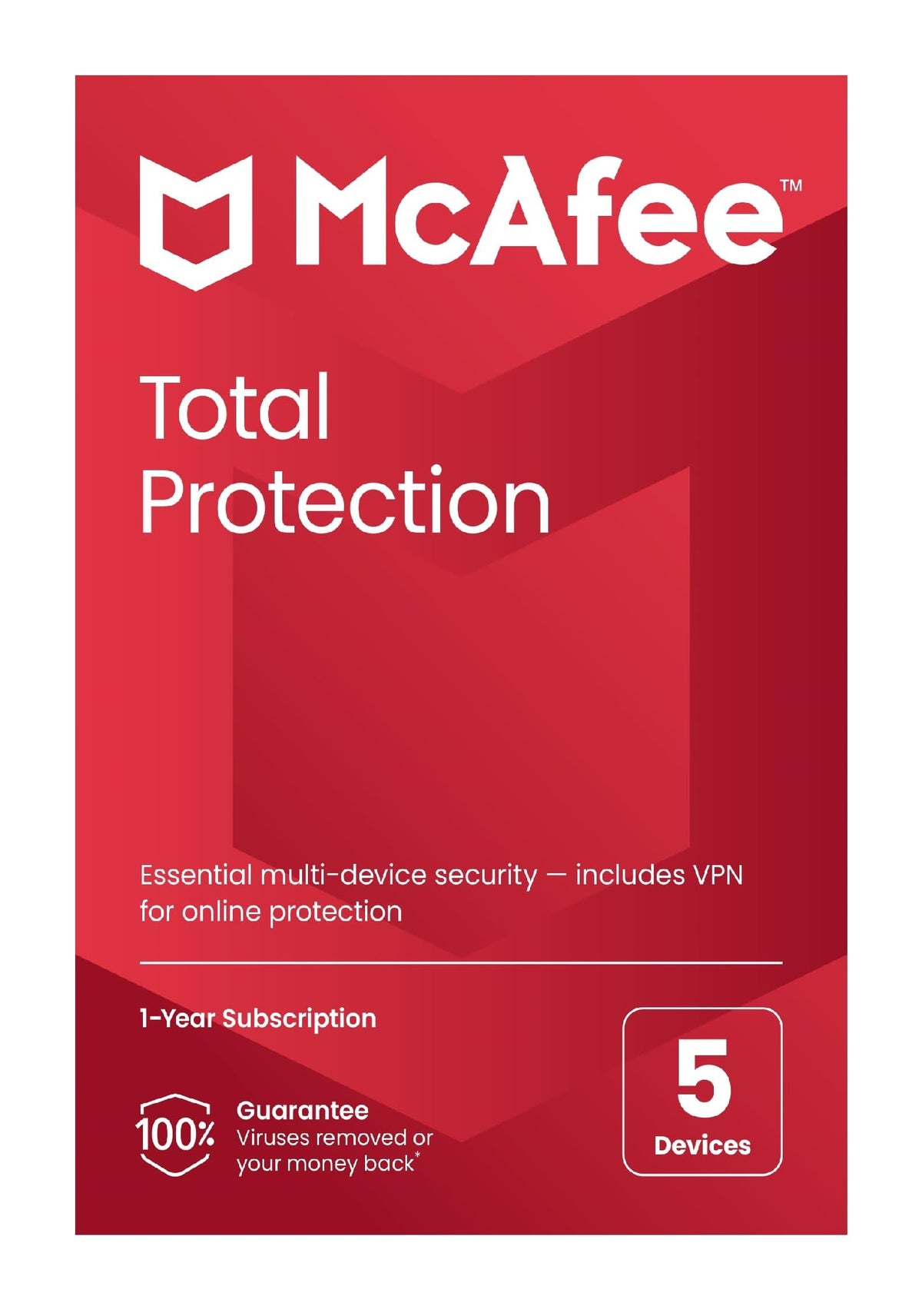 McAfee Total Protection 2023   5 Devices   Antivirus Internet Security Software   Unlimited VPN   1 Year Subscription   By Post