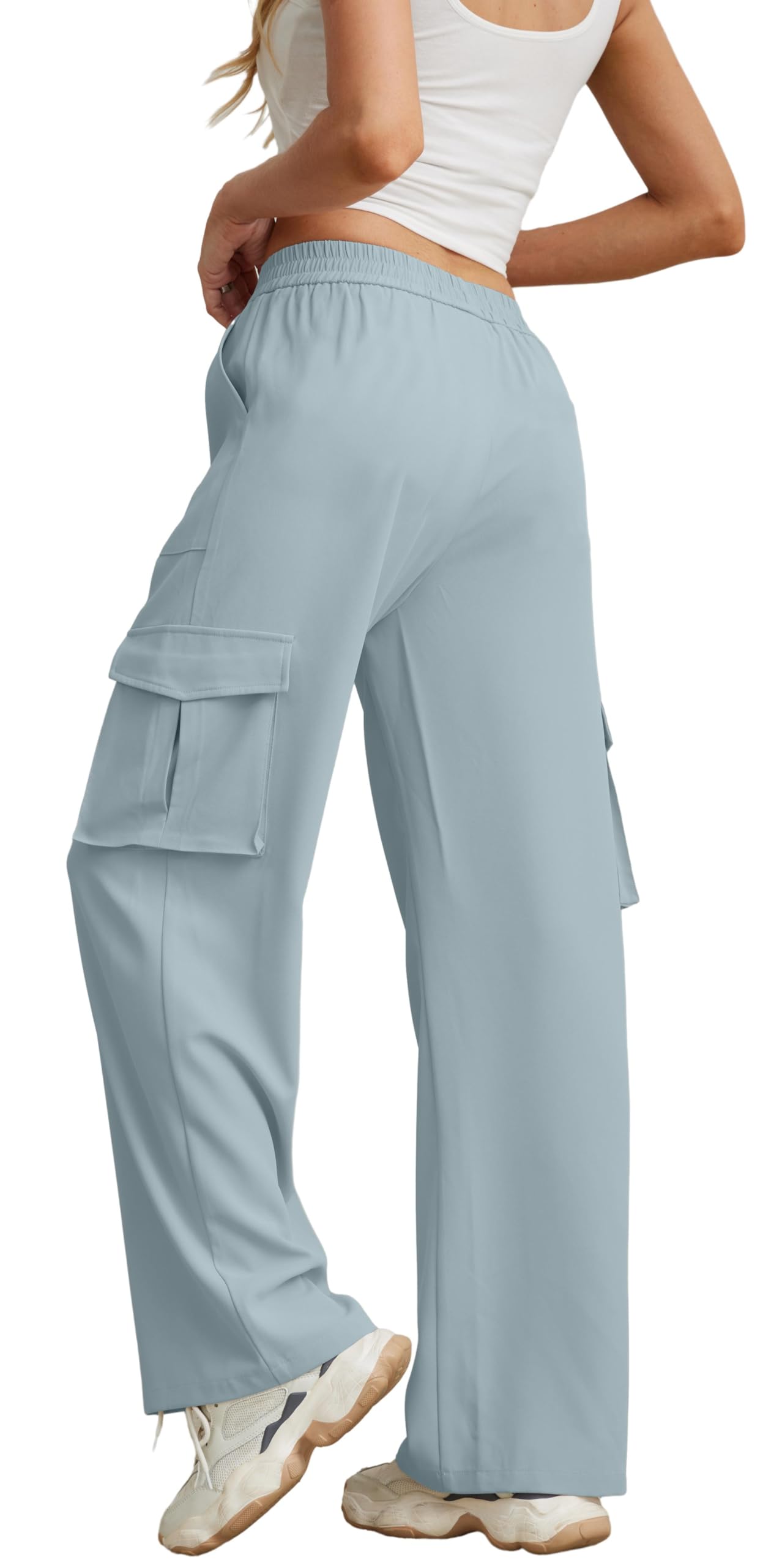 GRECERELLE Womens Cargo Trousers Joggers - Work Straight Wide Leg Lounge Cargo Pants Elastic Waist Stretch Combat Trousers with Pockets Sport Jogging Tracksuit Bottoms for Ladies (Blue Grey, S)