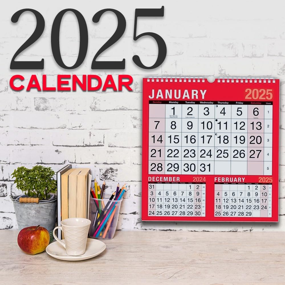 ZYBUX - 2025 Calendar,Planners & Personal Organisers, Wall Planners,Holidays and Notable Dates,Wall Planner Spiral Bound for Home Business Office School. (3 MONTHS TO VIEW PLANNER)