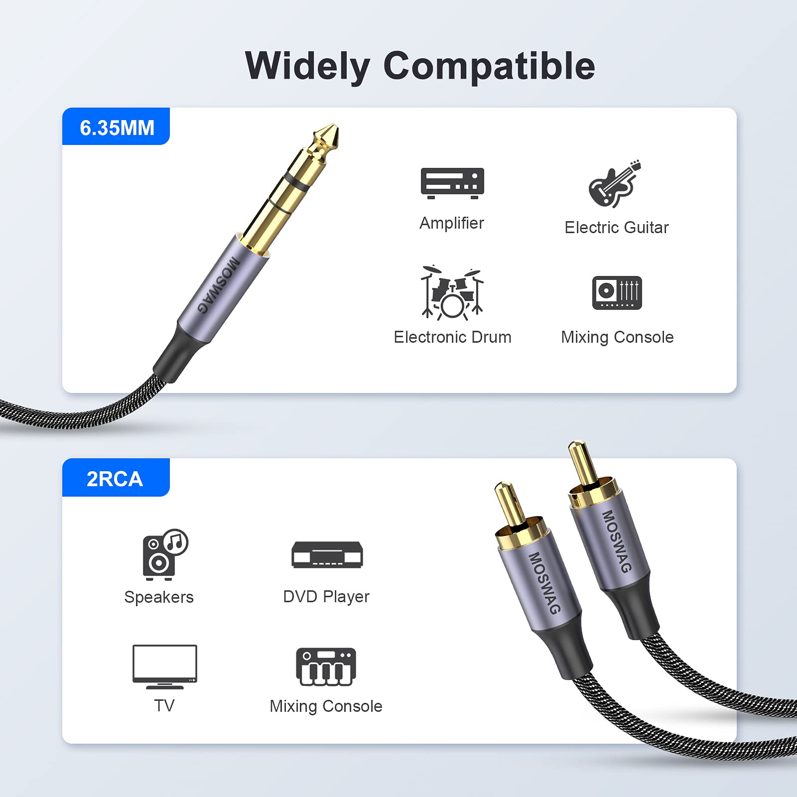 MOSWAG 1/4 to RCA Cable, Quarter inch TRS to RCA Audio Cable 6.35mm Stereo Jack to Dual RCA Insert Cable Y Splitter Cable