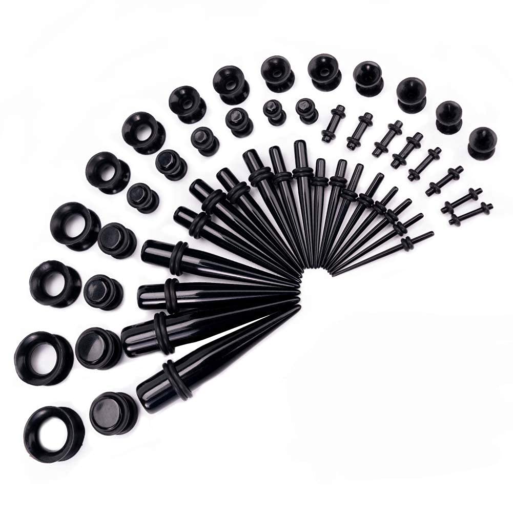 LLGLEU Ear Stretching Kit 50 Pieces 14G-00G Ear Gauges Expander Set Acrylic Tapers and Plugs & Silicone Tunnels Body Piercing Jewelry Set with EVA Box (Black)