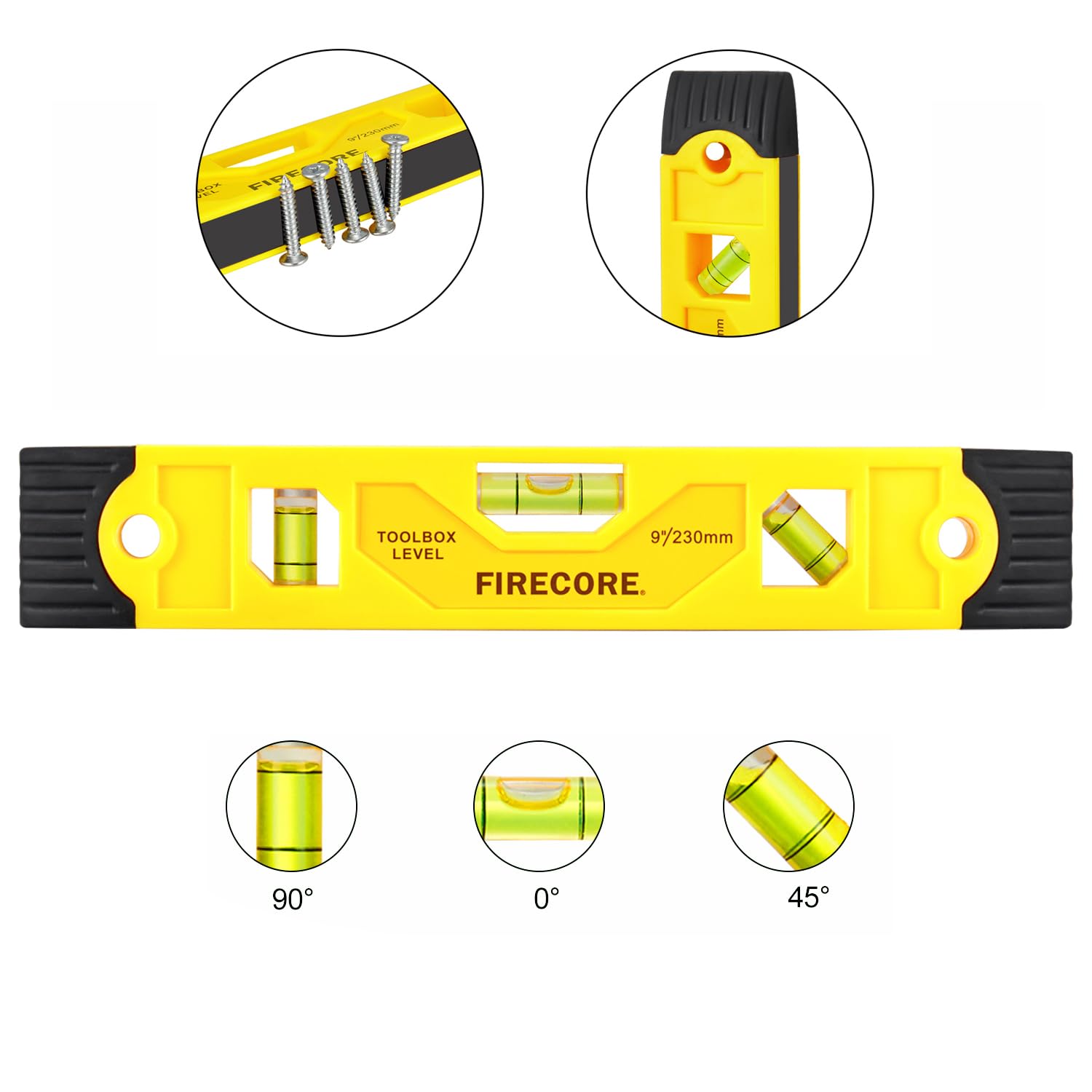 Spirit Level, Firecore Small Spirit Level, Level Tool, Magnet Torpedo Level with 3 Bubble 45°,90°,180°, 230mm/23cm/9Inch - FSL230PC