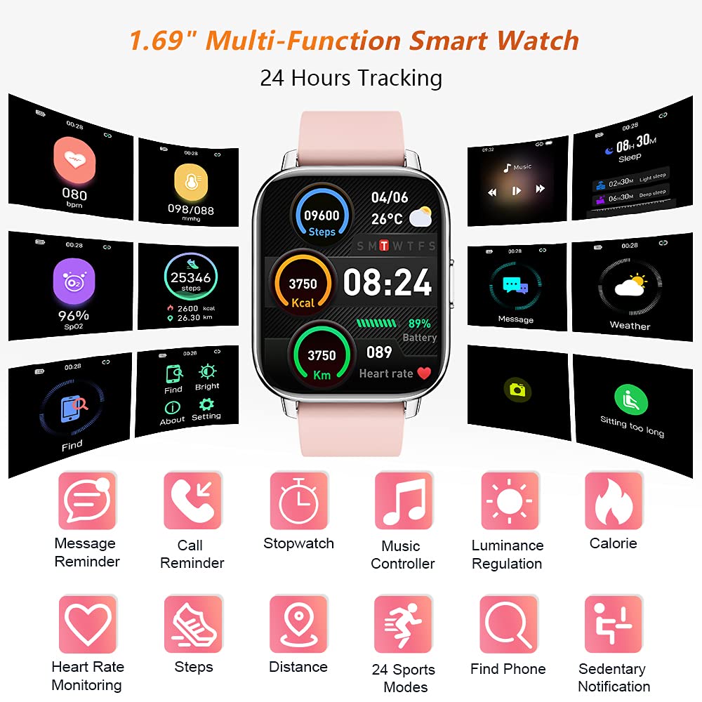 Togala Smart Watch for Women, 1.69 inches Touch Screen Smartwatch, Fitness Trackers with Heart Rate Monitor, 24 Sports Modes Fitness Watch Pedometer Stopwatch, Waterproof Activity Trackers for Android iOS