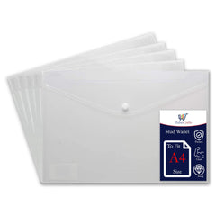 A4 Plastic Wallets Clear Popper Wallet Envelope Folders Transparent School Document Folder Press Stud Wallet Carry File Pockets Plastic Folder Office Files Button Closure (to Fit A4 Size - 5 Files)