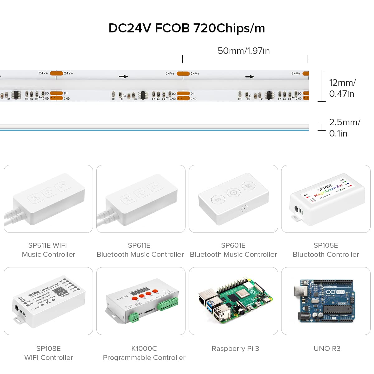 BTF-LIGHTING FCOB COB SPI RGB Flexible High Density LED Strip COB WS2811 IC LED Strip 5M 720LEDs/m 21W/M DC24V White PCB IP30 Chasing Colour(Without Controller and Power Supply)