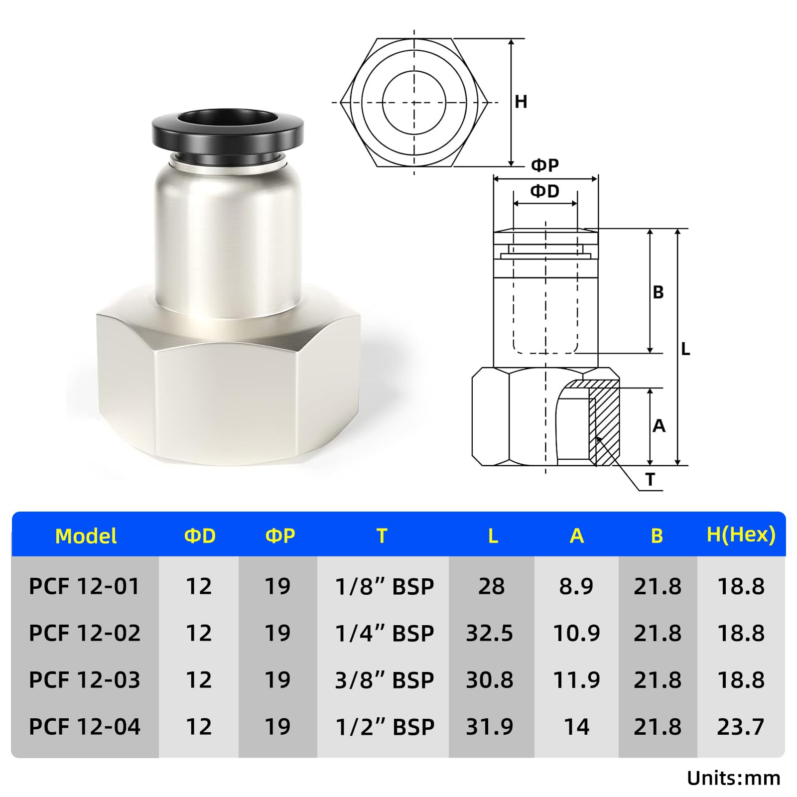 TAILONZ PNEUMATIC Female Straight 12mm Tube OD x 1/8 Inch BSP Thread Push to Connect Fittings PCF12-01(Pack of 10)