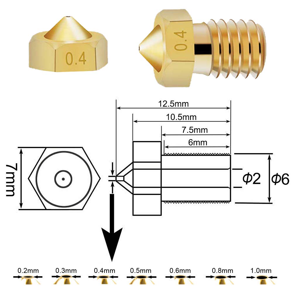 KeeYees 20pcs Brass Nozzle 0.2mm 0.3mm 0.4mm 0.5mm 0.6mm 0.8mm 1.0mm for 1.75mm Filament 3D Printer Extruder Hotend