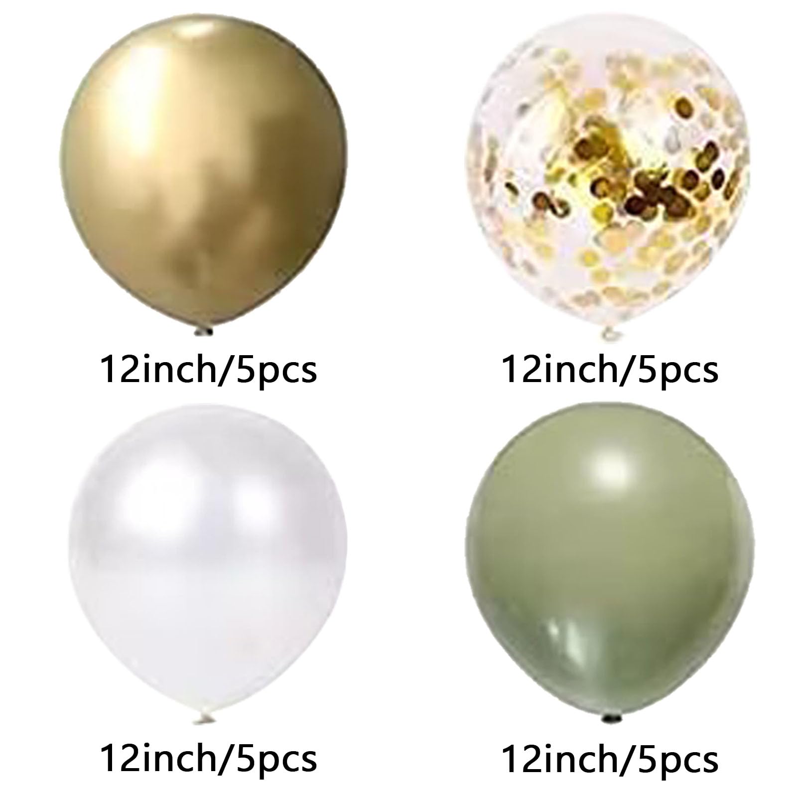 20Pcs 12 Inches Sage Green Gold and White Balloons, 5 x Metallic Gold Balloons, 5 x Sage Green Balloons, 5 x White Balloons, 5 x Gold Confetti Balloons