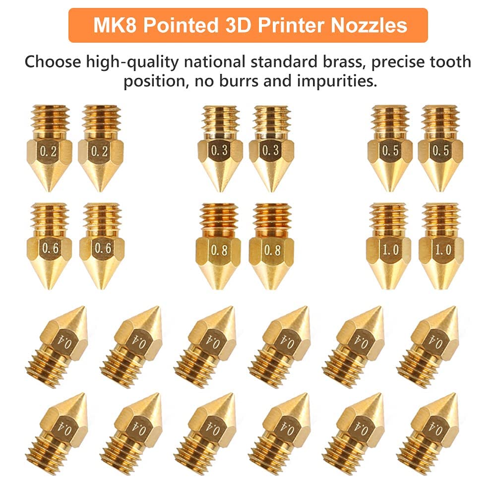 Creality MK8 Ender 3 Nozzles 24 pcs 3D Printer Brass Nozzles Extruder for Ender 3 Series and Creality CR-10 0.2mm, 0.3mm, 0.4mm, 0.5mm, 0.6mm, 0.8mm, 1.0mm Printer Nozzle Kit