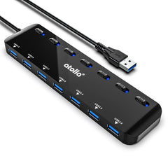 USB HUB, atolla 7-Port USB 3.0 Hub Slim USB Splitter with 3.82Ft Extended Cable and Individual LED Power Switches, Multi USB Port Extension Data Hub for PC, Laptop, MacBook, etc.