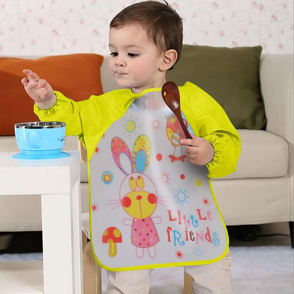 Vicloon Bibs with Sleeves, 3pcs Waterproof Long Sleeve Bib, Baby Feeding Bib Unisex Feeding Bibs Apron for Infant Toddler 6 Months to 3 Years Old（Orange-Purple-Yellow）