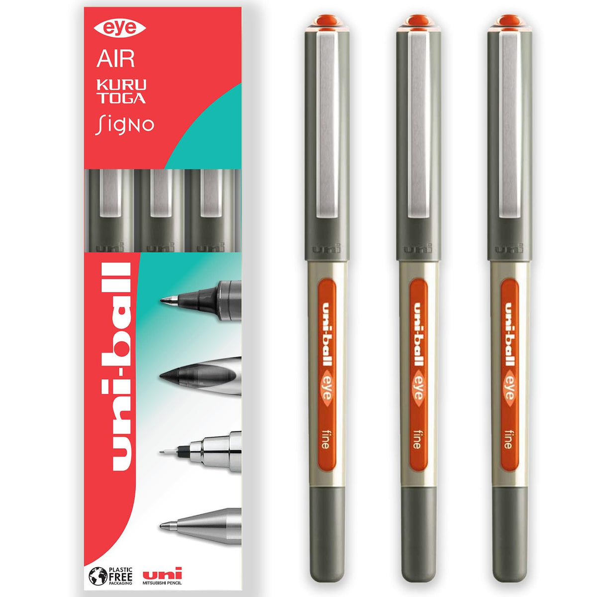 uni-ball EYE - UB-157 Rollerball Pens - 0.7mm Nib - In Gift Box Packaging (Pack of 3, Orange)