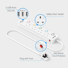 Mscien Extension Lead with USB Slots, 4 Way 3 USB Extension Socket with Individual Switches Mountable Overload Ptotection Power Strips with 1.8M Extension cable 3250W