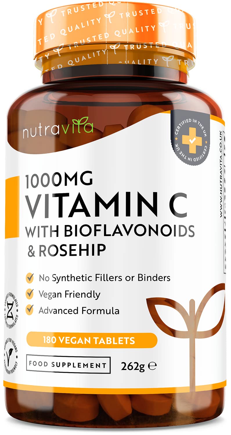 Vitamin C 1000mg – 180 Premium Vegan & Vegetarian Tablets – 6 Month Supply – High Strength Ascorbic Acid – with Added Bioflavonoids & Rosehip – for Normal Immune System – Made in The UK by Nutravita