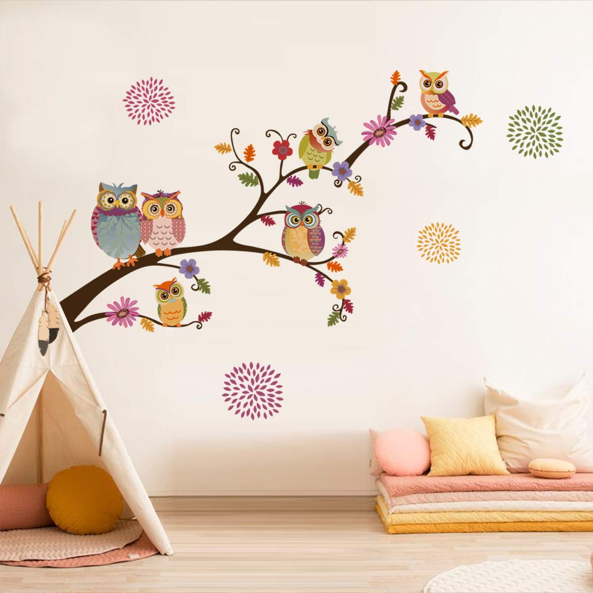 decalmile Colorful Owl Wall Stickers Animals on Tree Branch Wall Decals Baby Nursery Kids Bedroom Wall Decor