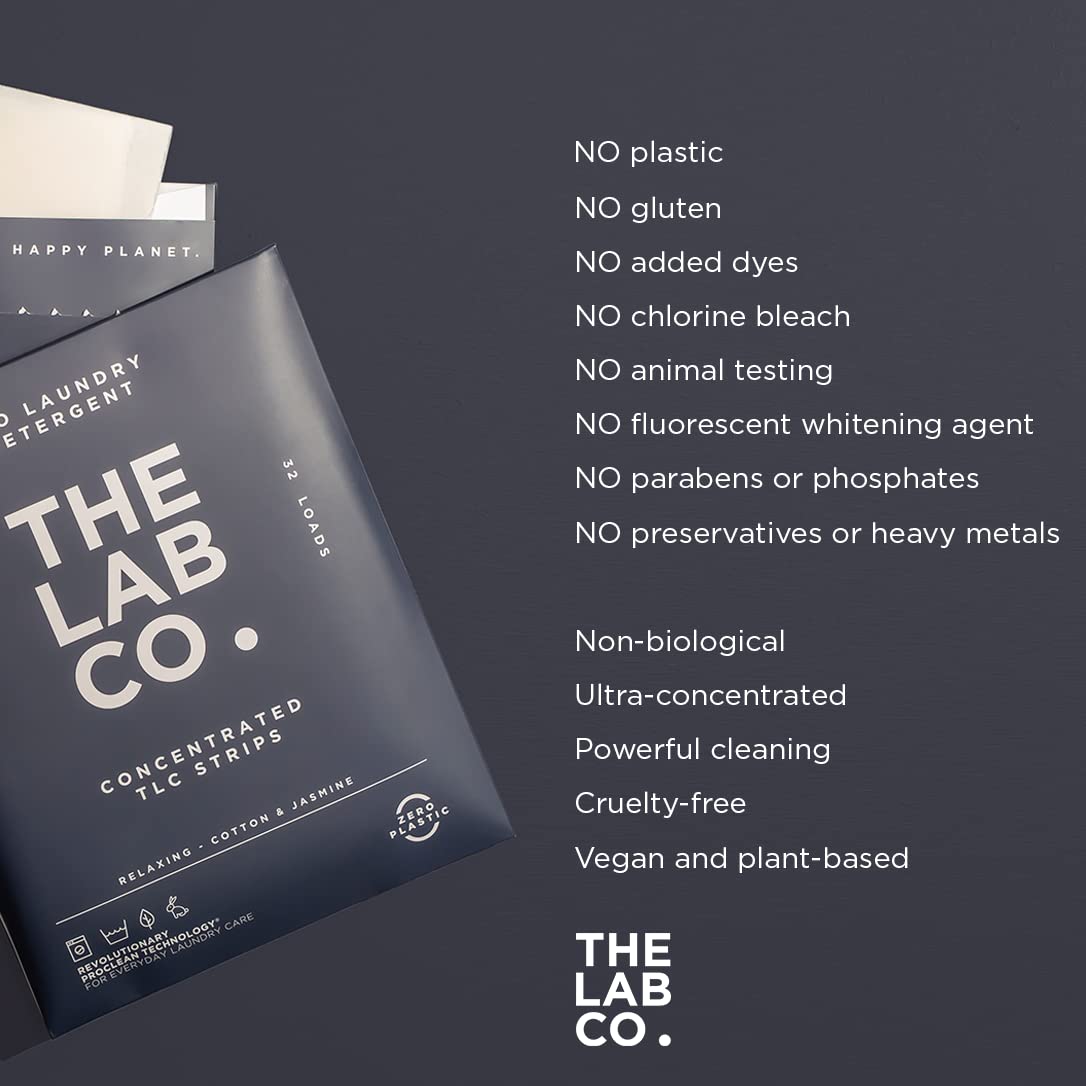 The Lab Co. Laundry Detergent Strips Sheets Eco Ultra-Concentrated Non-Bio Relaxing Fragrance Cotton & Jasmine for Hand and Machine Washing. Up to 32 Loads