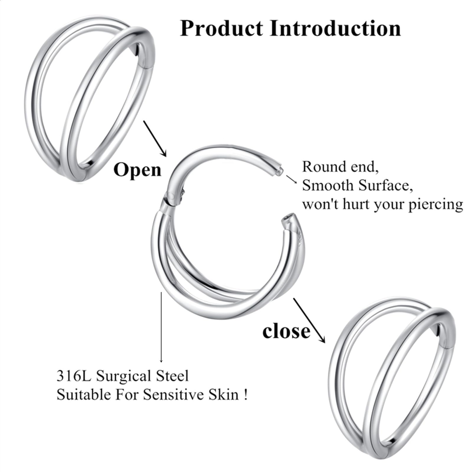 Popuhoops 18G 6mm Double Hoop Nose Ring Silver 316L Surgical Steel Cartilage Earring Septum Jewelry Seamless Hinged Clicker Segment 18 Gauge Conch Daith Tragus Helix Rook Piercing Lip Ring