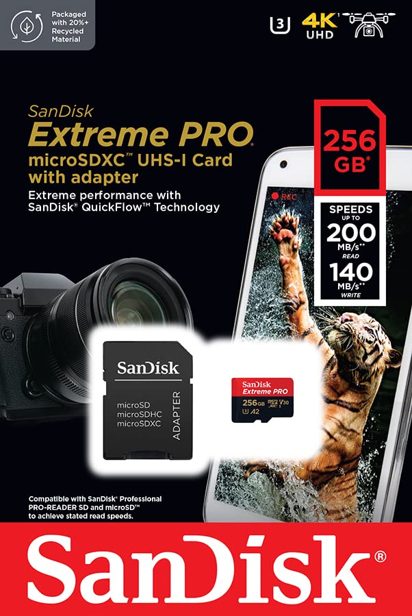 SanDisk 256GB Extreme PRO microSDXC card and SD adapter and RescuePro Deluxe ,up to 200 MB/s, with A2 App Performance, for smartphones, action cameras or drones UHS-I Class 10 U3 V30