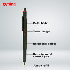 rOtring 600 Ballpoint Pen   Medium Point   Black Ink   Green Barrel   Refillable