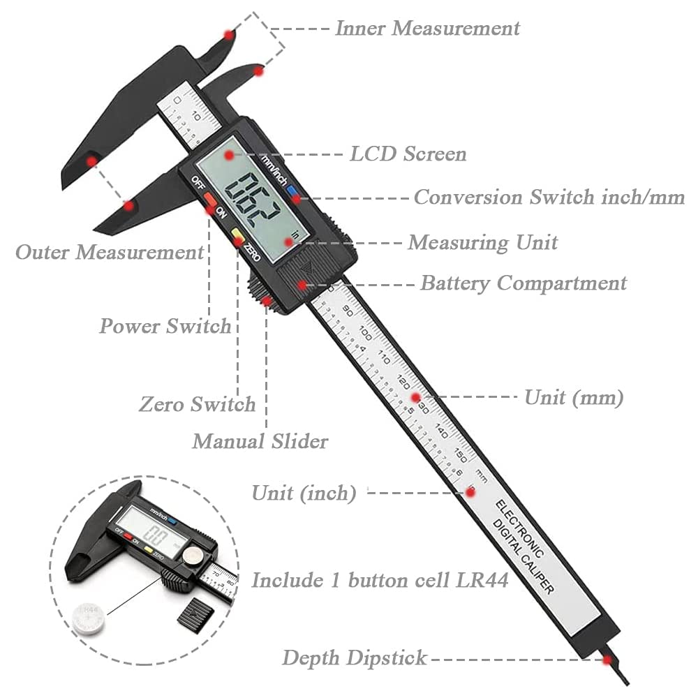 Bestgle Digital Caliper, Accuracy LCD Screen Electronic Digital Vernier Caliper Gauge Carbon Fiber Mircometer Ruler Measuring Tool for Length Width Depth Measurement, 150mm/6inch