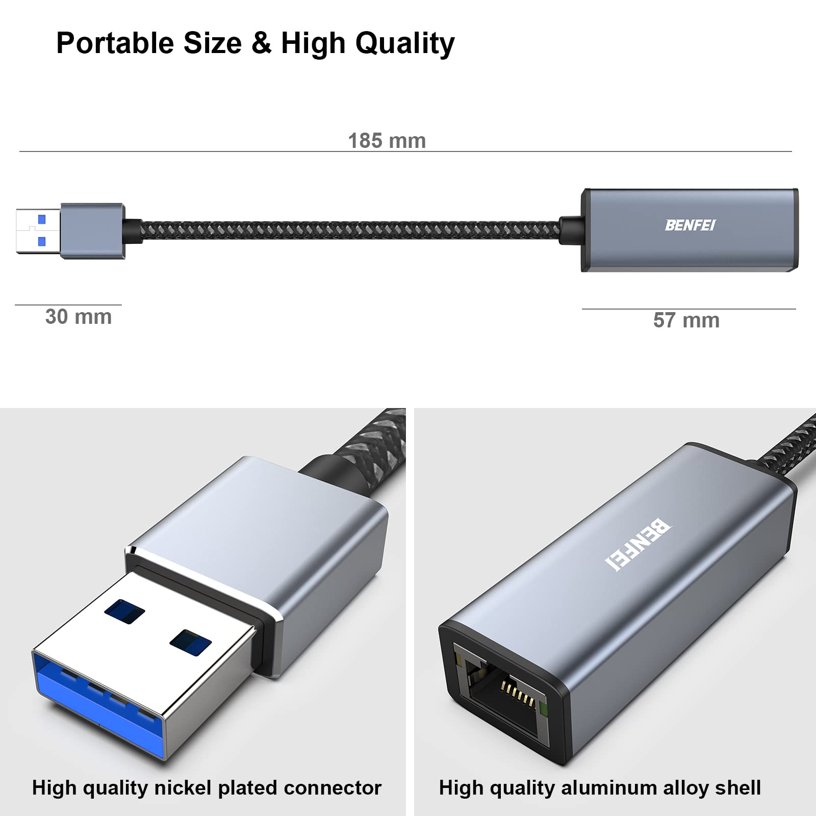 BENFEI Ethernet Adapter, USB 3.0 to RJ45 1000Mbps Gigabit LAN Adapter Compatible for MacBook, Surface Pro, PC with Windows7/8/10, XP, Vista, Mac[Aluminium Shell&Nylon Cable]