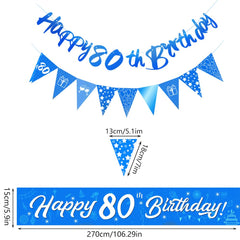 80th Birthday Decorations Set,17 Pieces Birthday Party Decoration Include Blue Happy 80th Birthday Banner,Triangle Flag Banner,Confetti Latex Balloons for Men Birthday Party Decorations