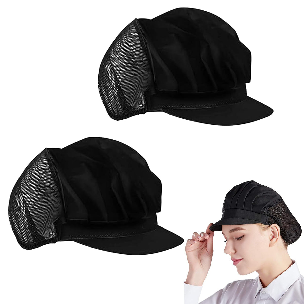 2pcs Half Mesh Half Cloth Catering Hats,Unisex Food Service Caps,Adjustable Cooking Cap with Brim,Kitchen Baker Cooking Chef Cap Breathable,Waiter Cap with Elastic for Kitchen Restaurant (Black)