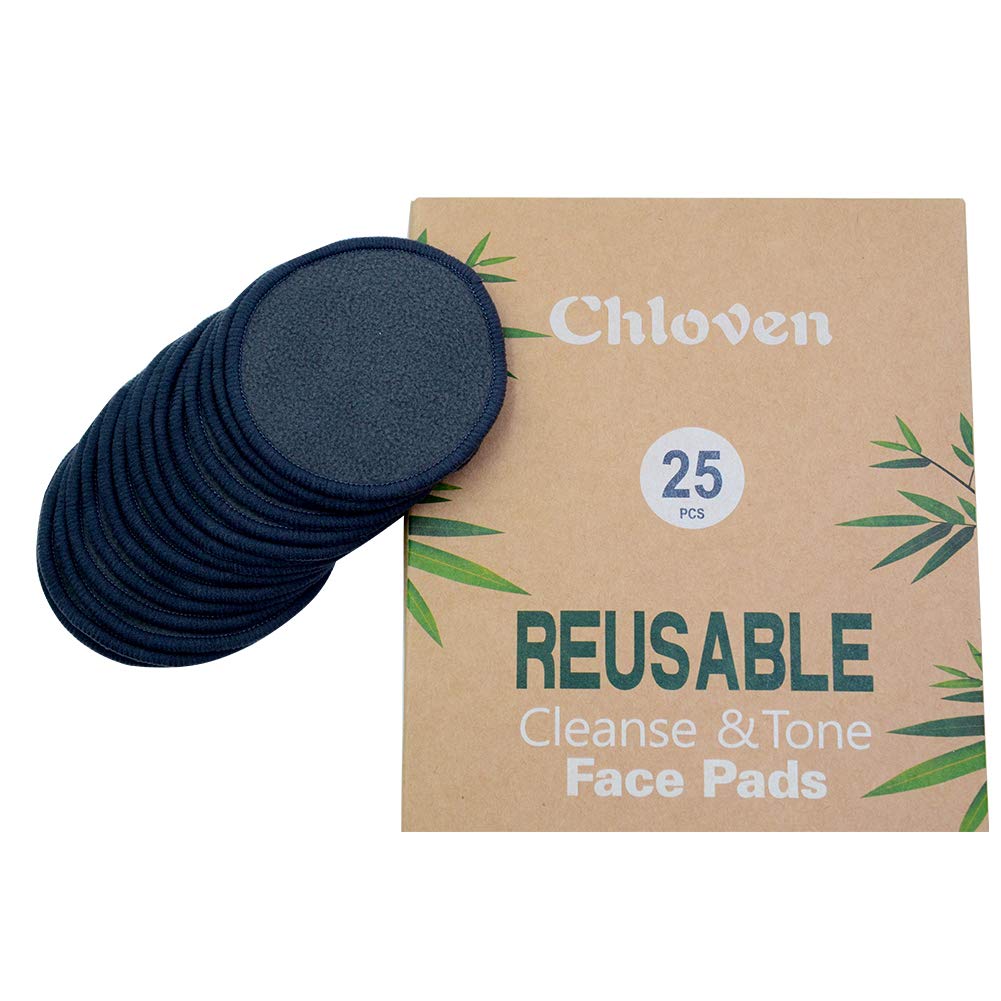 Chloven 25 Pack Charcoal Bamboo Reusable Makeup Remover Pads - Organic Bamboo Reusable Cotton Rounds for Toner, Washable Eco-Friendly Pads for All Skin Types with Cotton Laundry Bag