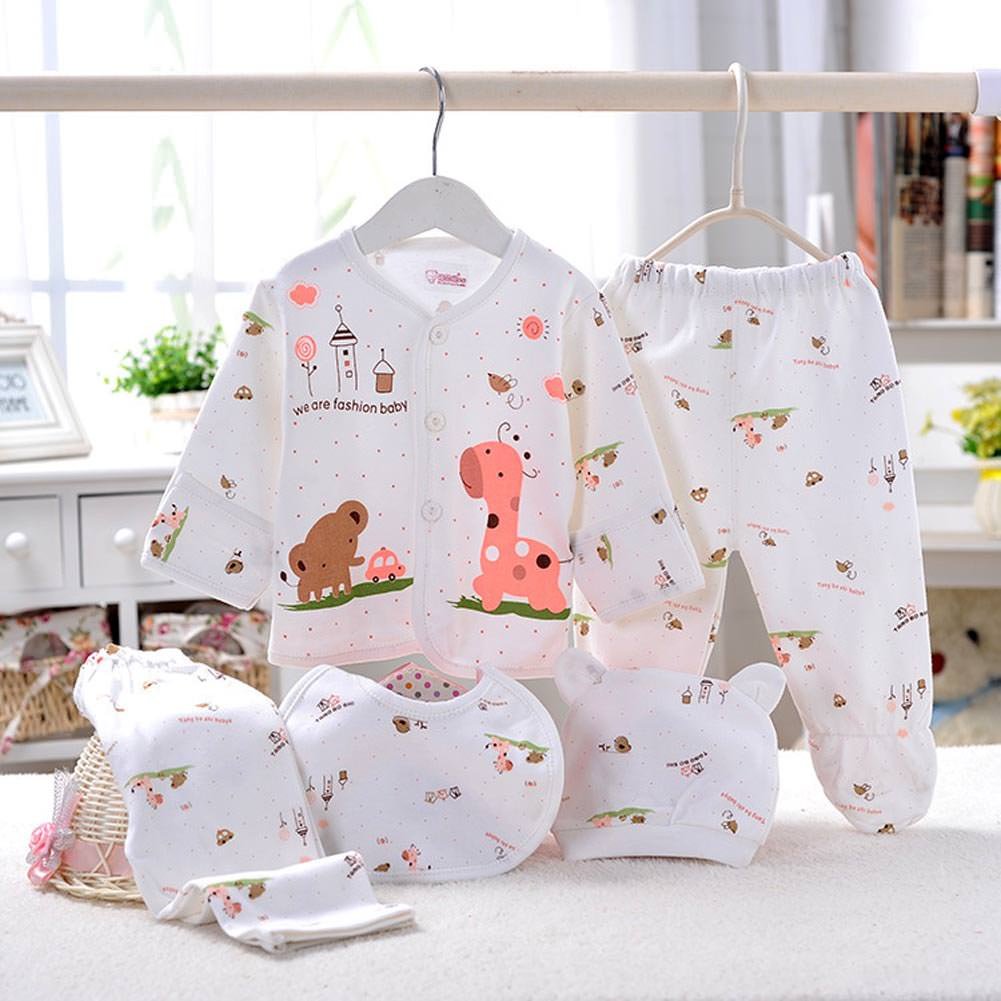 Gajaous 5PCS Newborn Baby Boys Girl's Baby Cotton Grow Top Hat Pants PlaySuit Sets Outfit, Pink #2, 0-3 Months