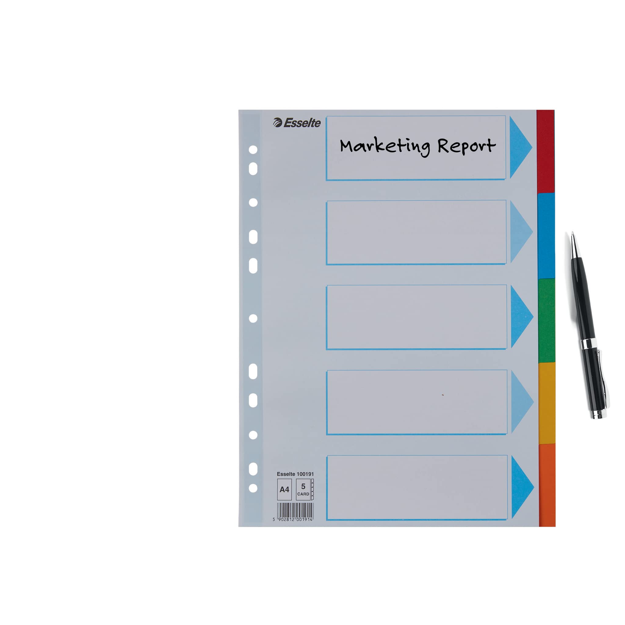 Esselte A4 Card File Dividers. 5 Parts Coloured Folder Dividers with identification front sheet, for Ring Binders and Lever Arch Files. Made from durable, recycled card