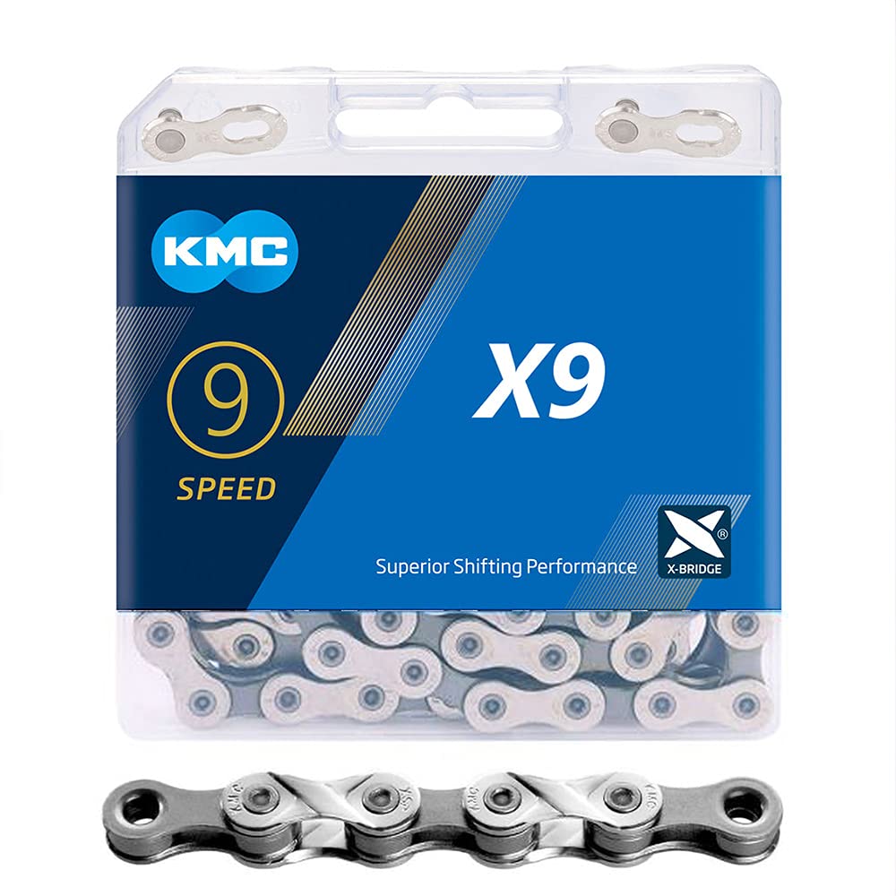 KMC X9 9-Speed Chain 116 Links, Road/Mountain Bike Bicycle Chain with Missing Link-Sliver Gray for Shimano SRAM