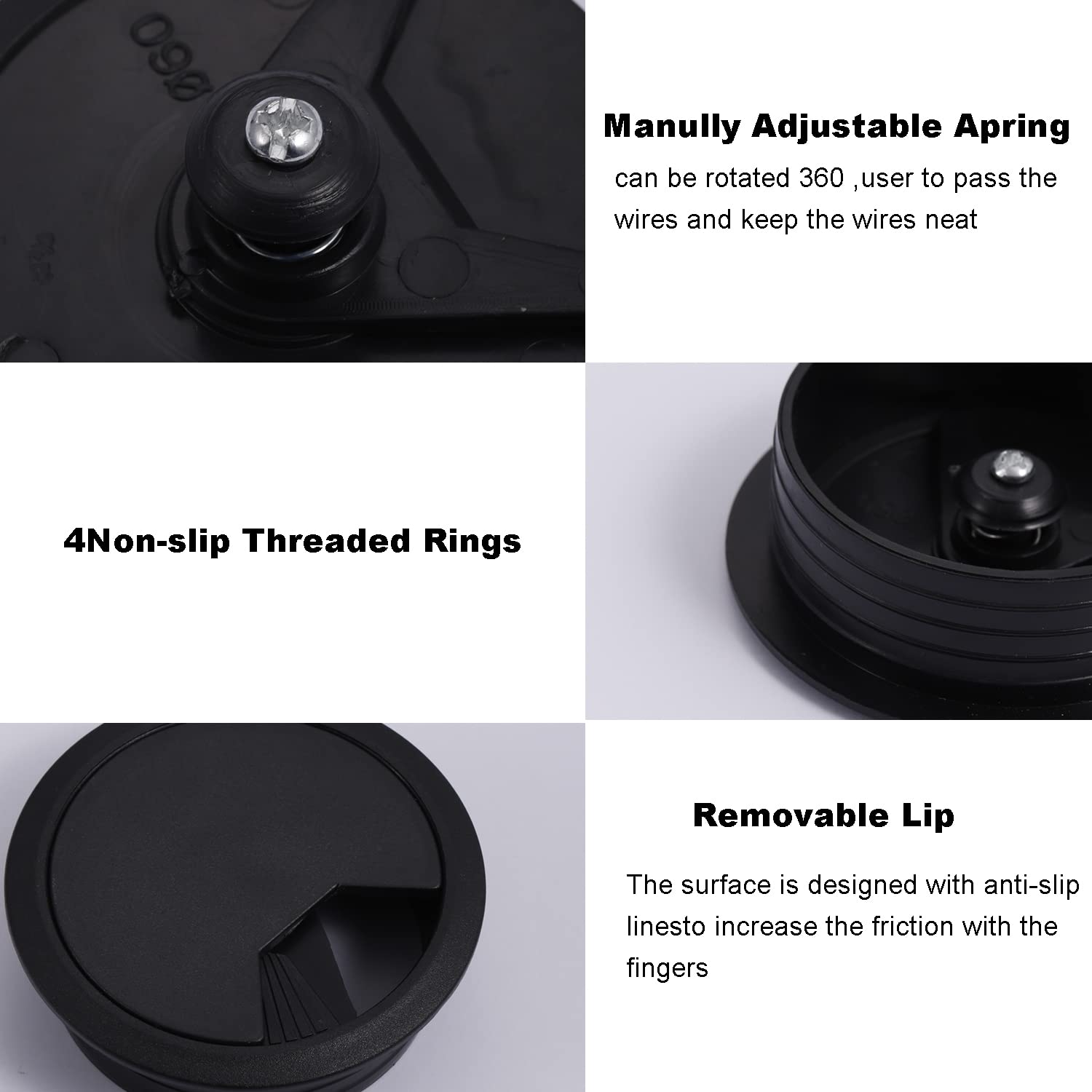 4 Pieces Black Desk Grommet, 60mm (2.4 inch) Plastic Desk Cable Grommet Cord PC Computer Wire Cable Hole Cover for Home Office