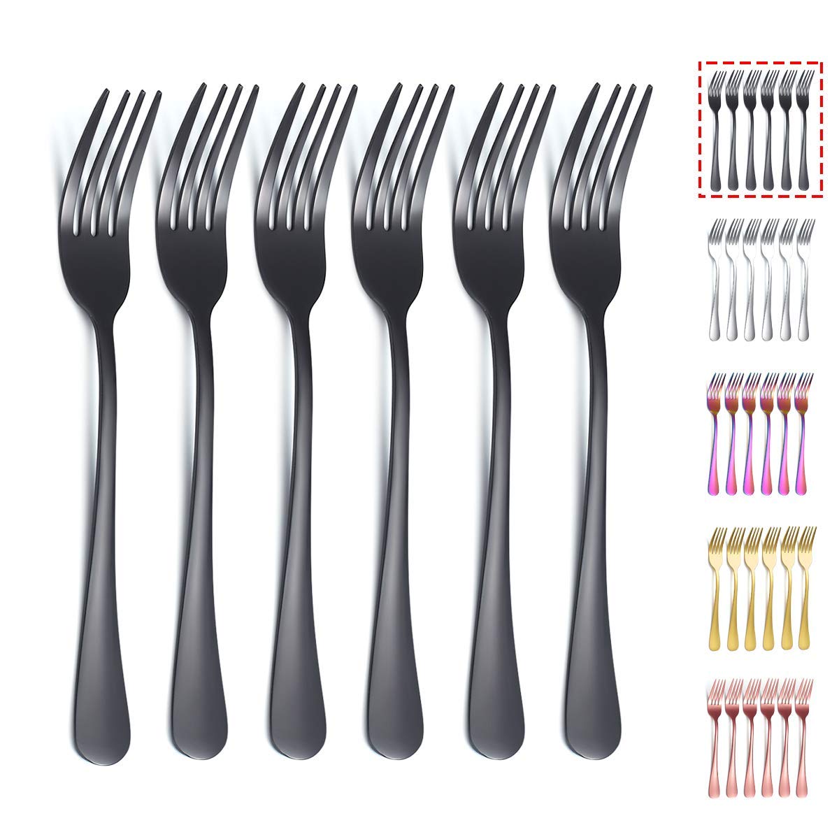 Kyraton Black Dinner Fork 6 Pieces, Stainless Steel 20.5cm Forks Black Titanium Plating Silverware, Black Forks Set of 6