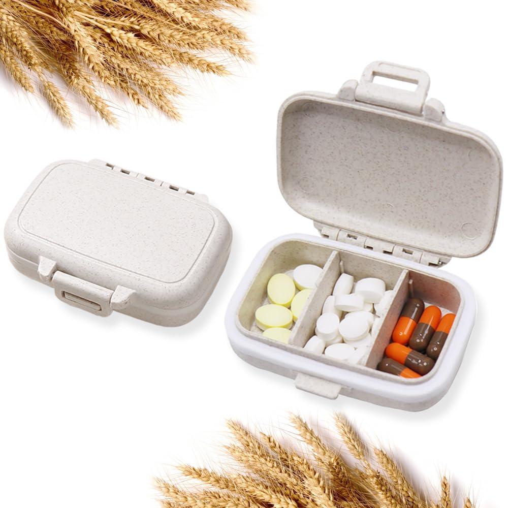 JUNIPLTER 2 Pack Small Pill Box with 3 Compartment, Daily Pill Case for Pocket, Travel Pill Organizer Box, Portable Pill Container Pill Holder for Vitamins, Fish Oils (Beige)