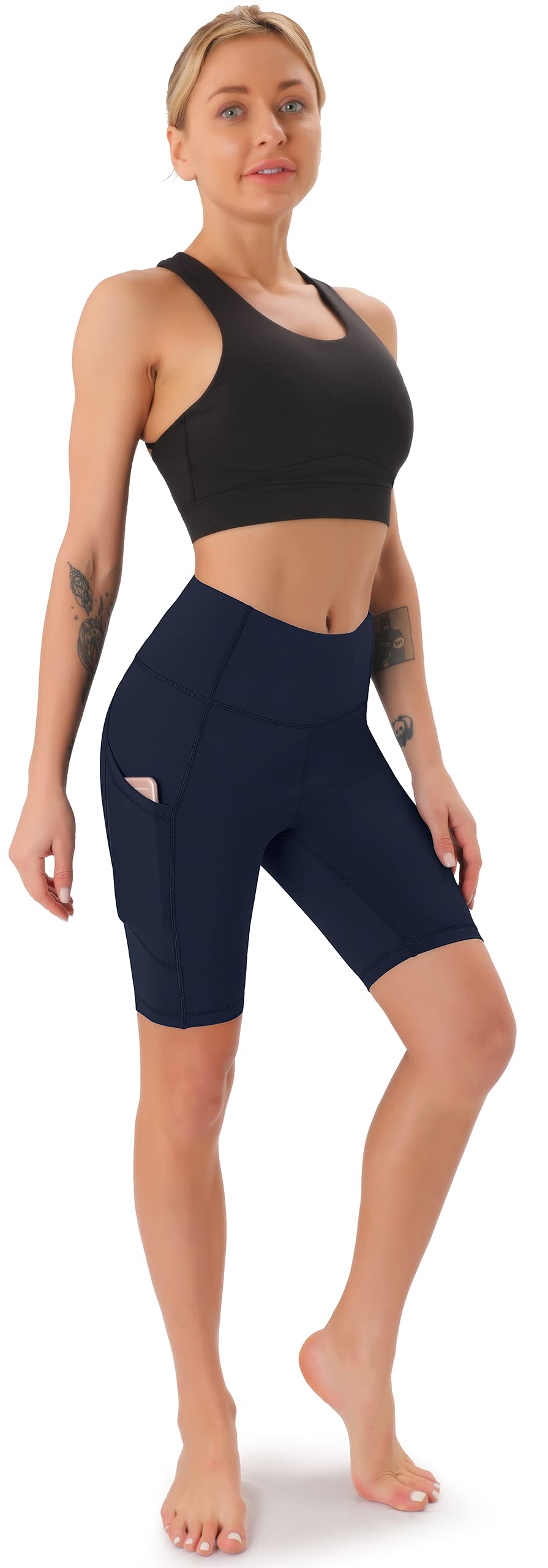 JOYSPELS Womens High Waisted Activewear Sports Shorts - Workout Gym Sports Running Shorts Yoga Cycling Shorts for Womens with Pockets - NavyBlue - L