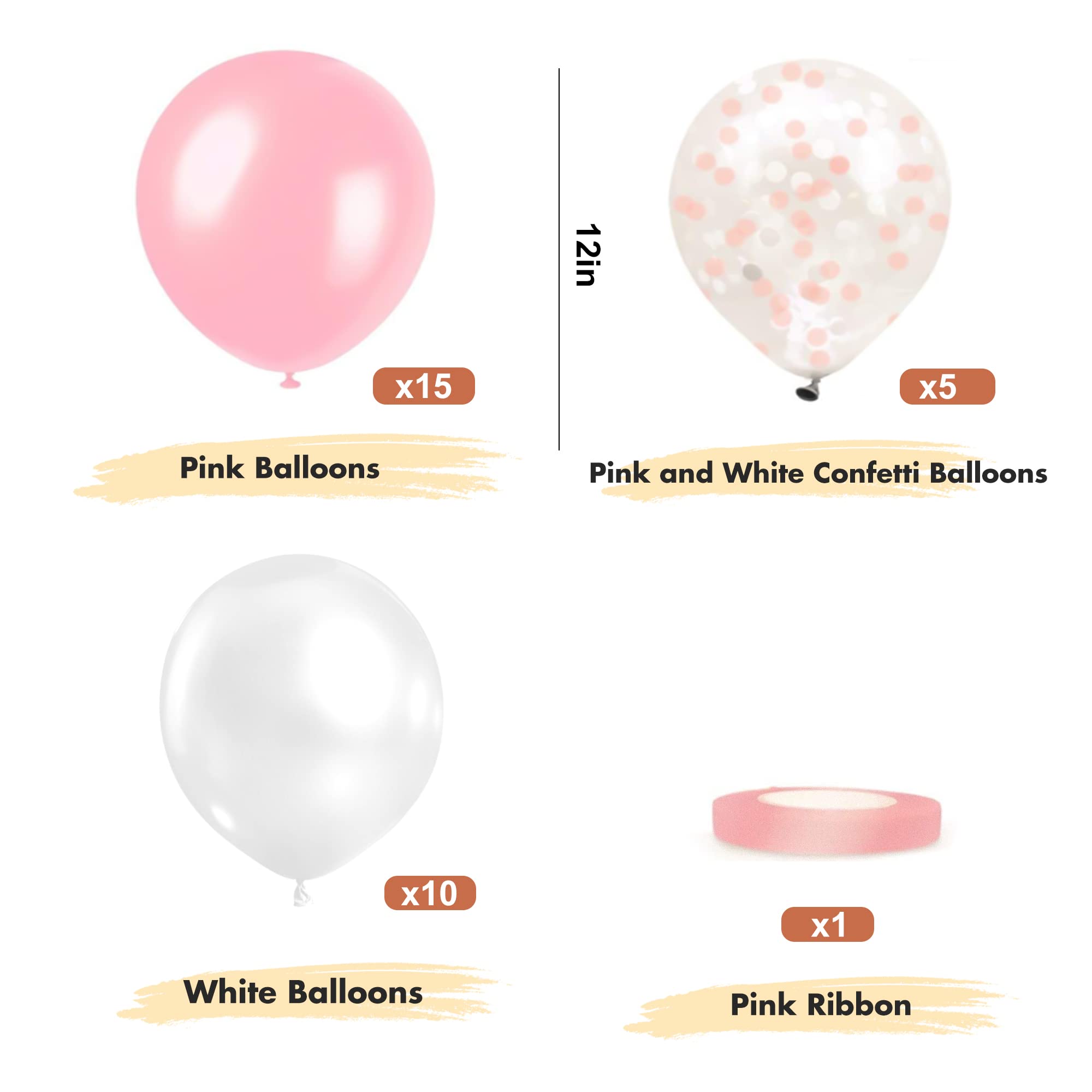 OHugs Pink Balloons - 31 Pcs Set of 12 Inch 15 Pink Balloons, 10 White Balloons, 5 Pink and White Confetti Balloons, 1 Ribbon for Bridal Shower, Baby Shower, Birthday Party, Gender Reveal, Wedding