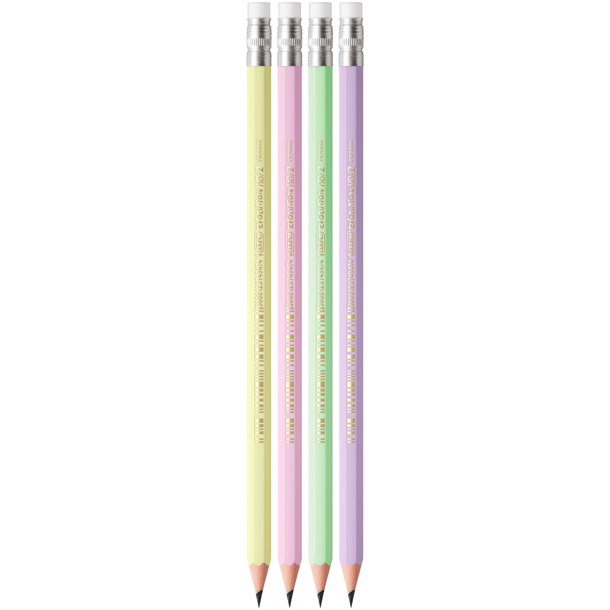 BIC Evolution Pastel Graphite Pencils with Eraser and Shock-Resistant HB Lead - 4 Different Barrel Colours, Pack of 12