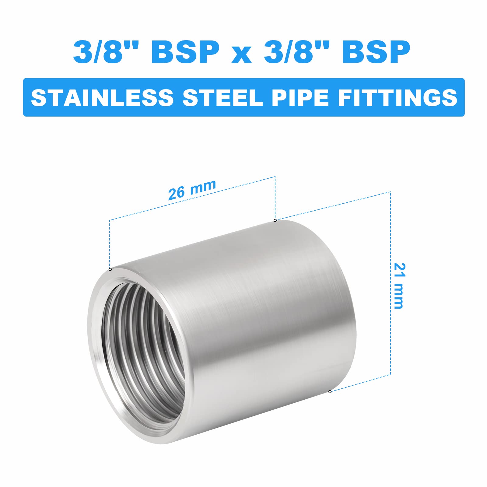 ERGAOBOY 2 Pcs 304 Stainless Steel 3/8 inches Female to 3/8 inches Female BSP Thread Straight Coupling Connectors SUS 304 Pipe Fittings