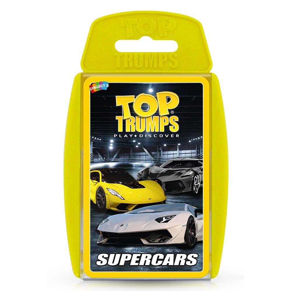 Top Trumps Supercars Classic Card Game, learn facts about the Aston Martin DBS, McLaren Senna and Bugatti Chiron in this educational packed game, gifts and toys for boys and girls aged 6and