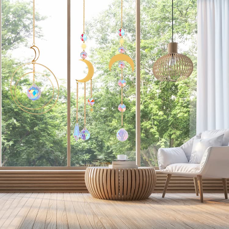 3 PCS Sun Catchers, Suncatcher, Crystal Window Garden Glass Prism Pendant Hanging Wind Chimes Rainbow Sun Moon Pendant for Window Home Garden Decoration